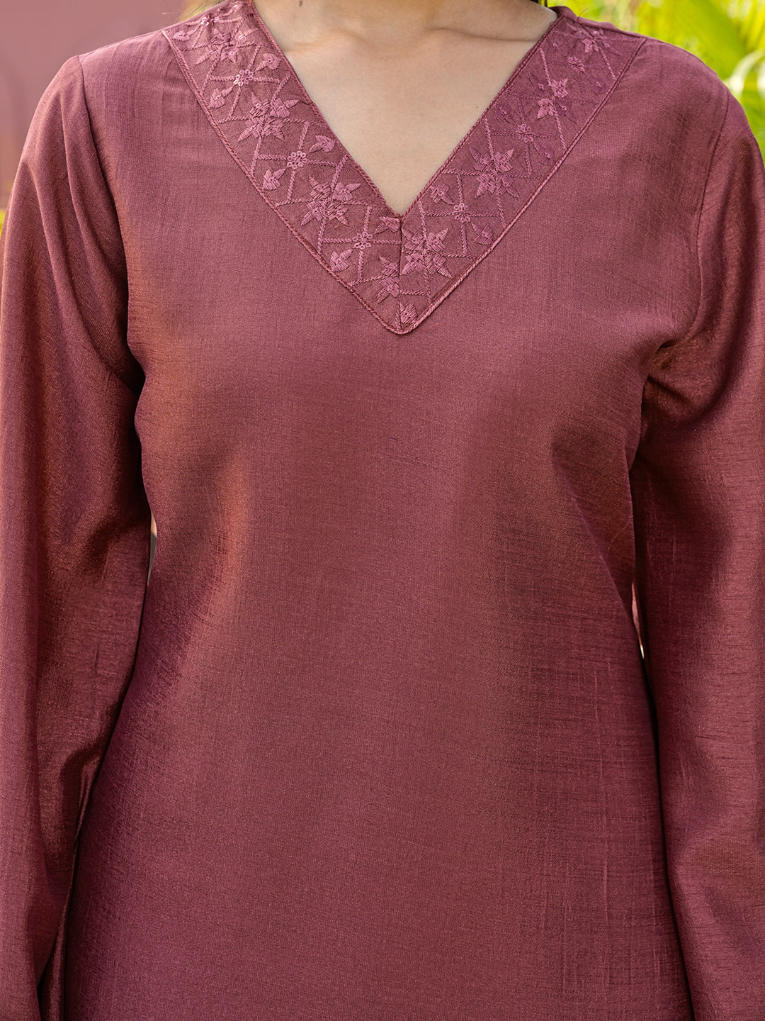 Rust color silk blend thread with sequence embroidered kurta & farshi bottom with dupatta set
