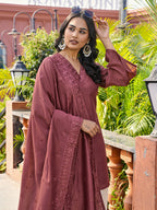 Rust color silk blend thread with sequence embroidered kurta & farshi bottom with dupatta set