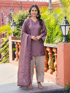 Mauve color silk blend thread with sequence embroidered kurta & farshi bottom with dupatta set
