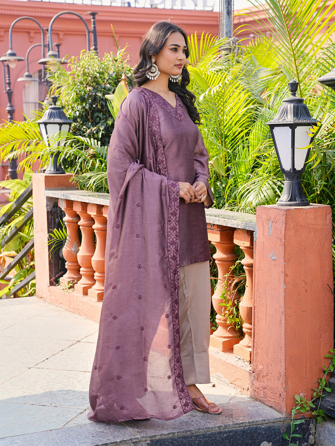Mauve color silk blend thread with sequence embroidered kurta & farshi bottom with dupatta set