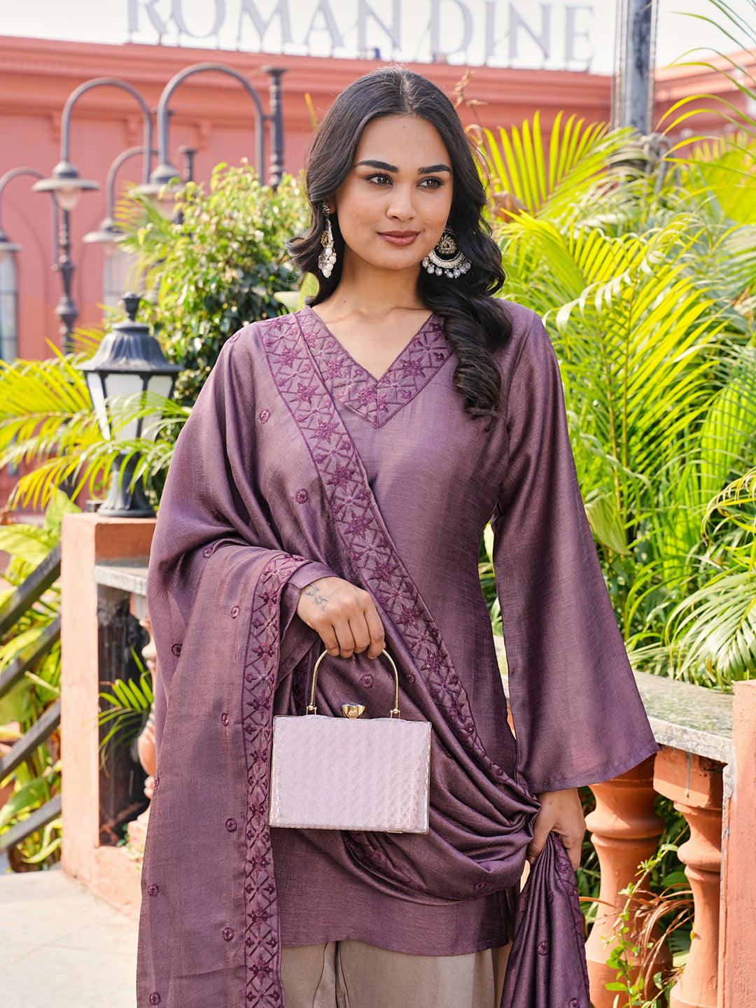 Mauve color silk blend thread with sequence embroidered kurta & farshi bottom with dupatta set