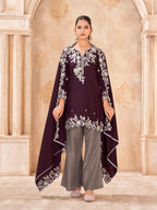 Wine color silk blend with thread work embroidered kurta & A-line bottom with dupatta set