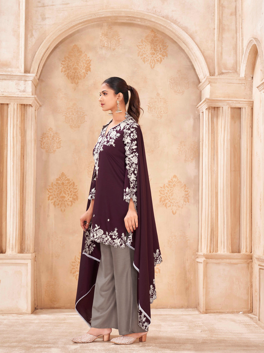 Wine color silk blend with thread work embroidered kurta & A-line bottom with dupatta set