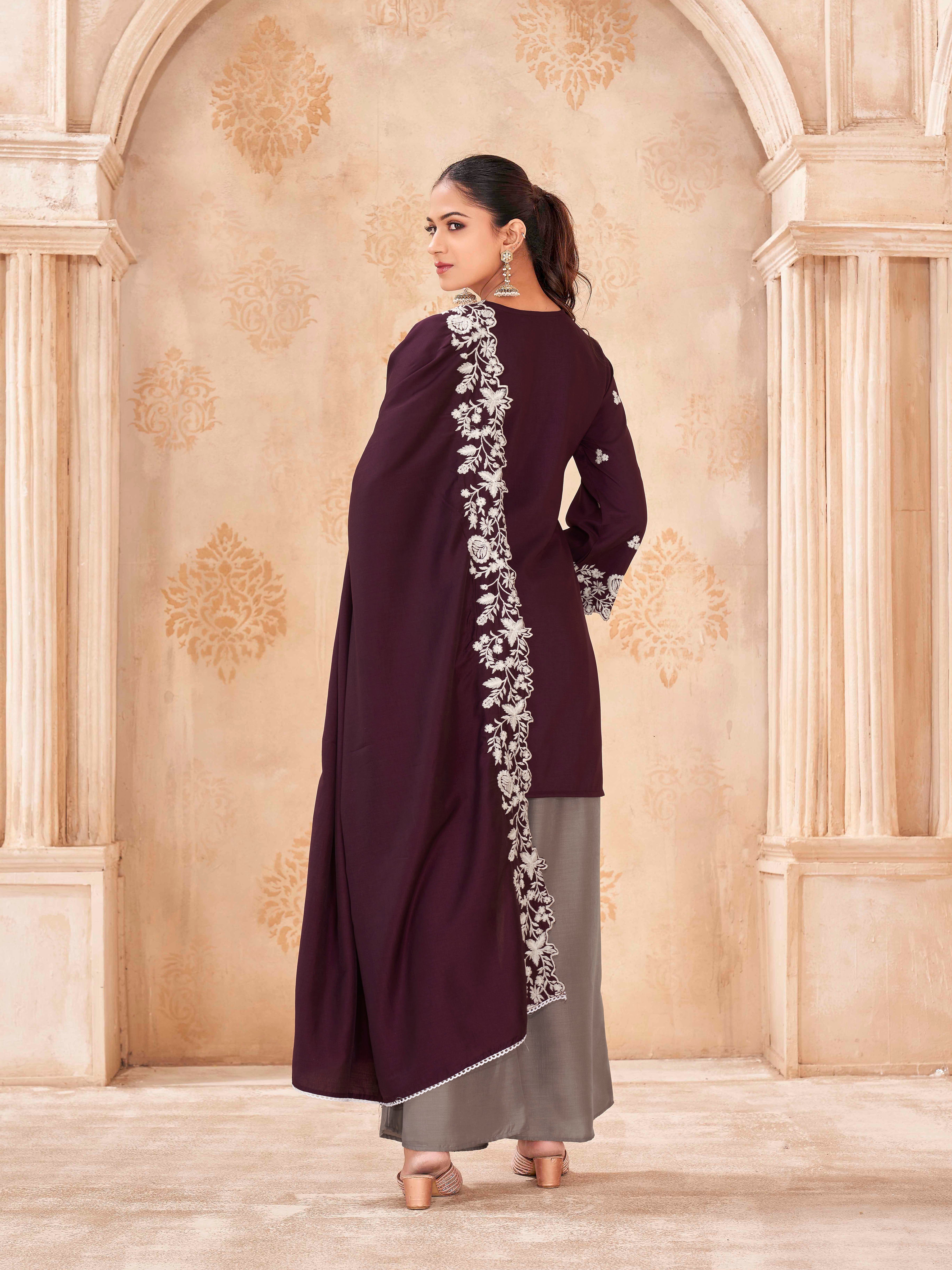 Wine color silk blend with thread work embroidered kurta & A-line bottom with dupatta set