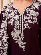 Wine color silk blend with thread work embroidered kurta & A-line bottom with dupatta set