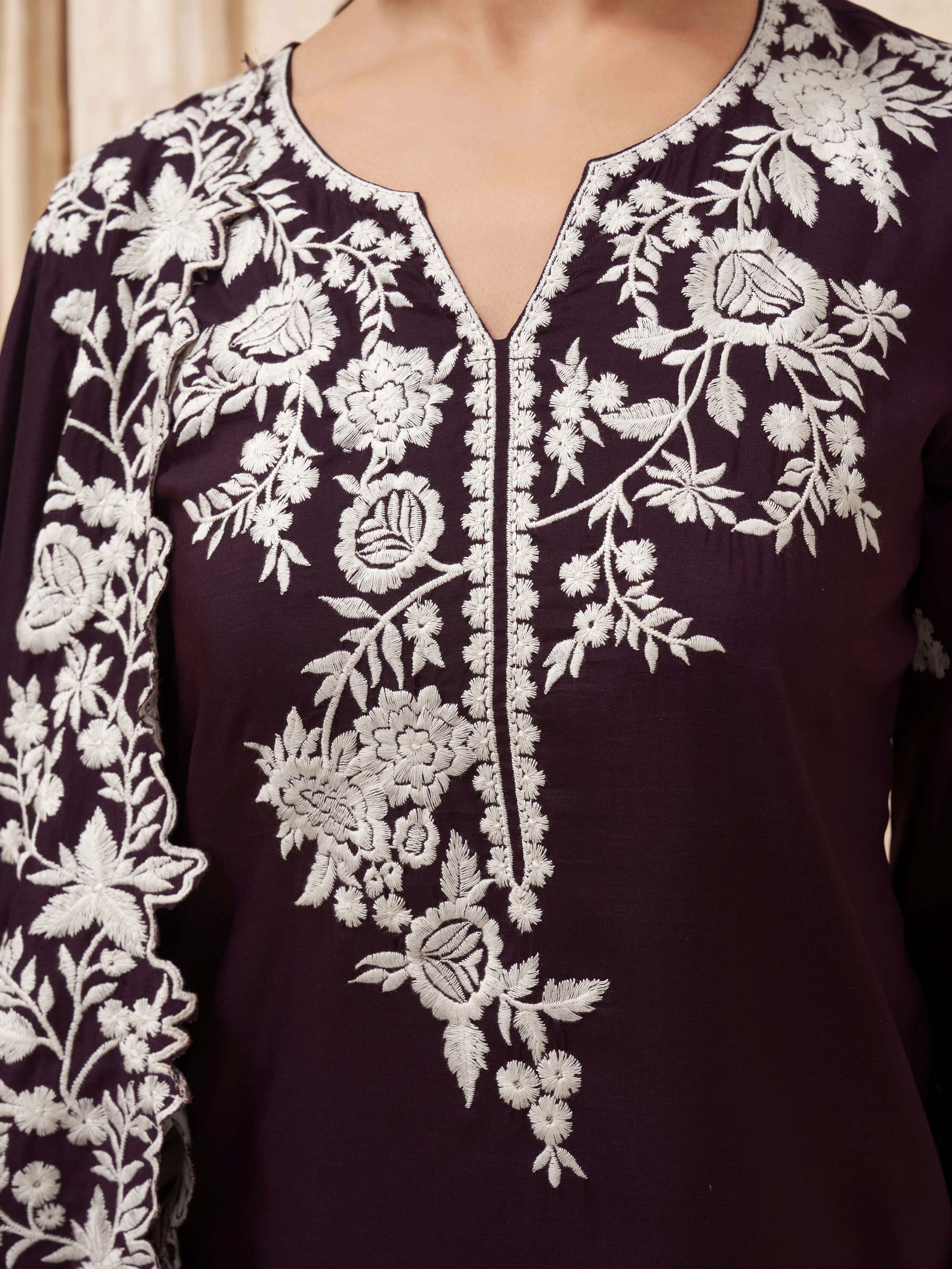 Wine color silk blend with thread work embroidered kurta & A-line bottom with dupatta set
