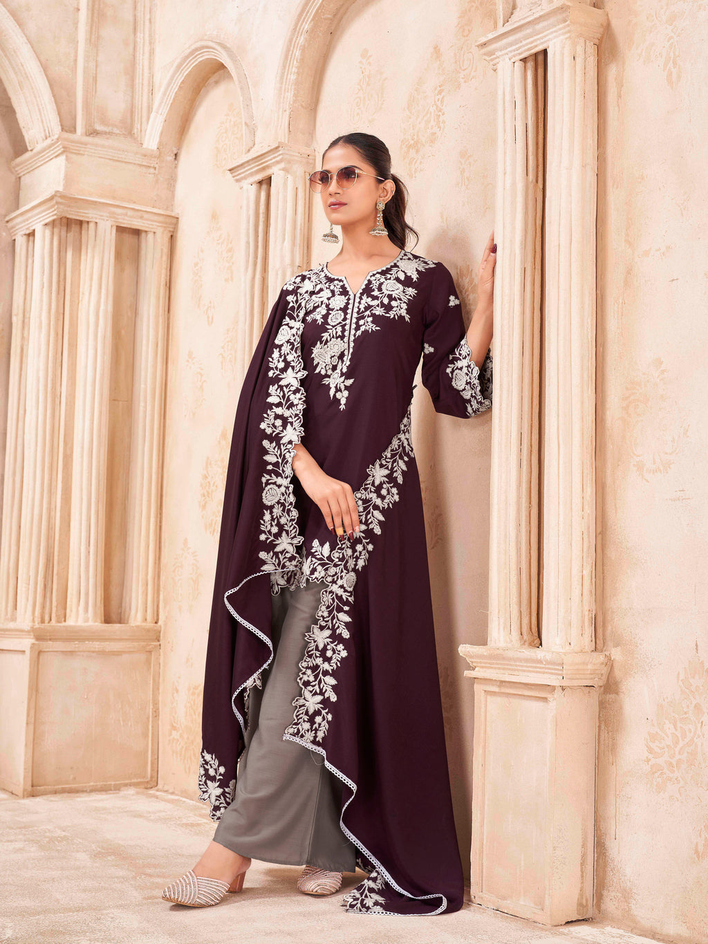 Wine color silk blend with thread work embroidered kurta & A-line bottom with dupatta set