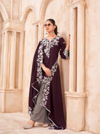 Wine color silk blend with thread work embroidered kurta & A-line bottom with dupatta set