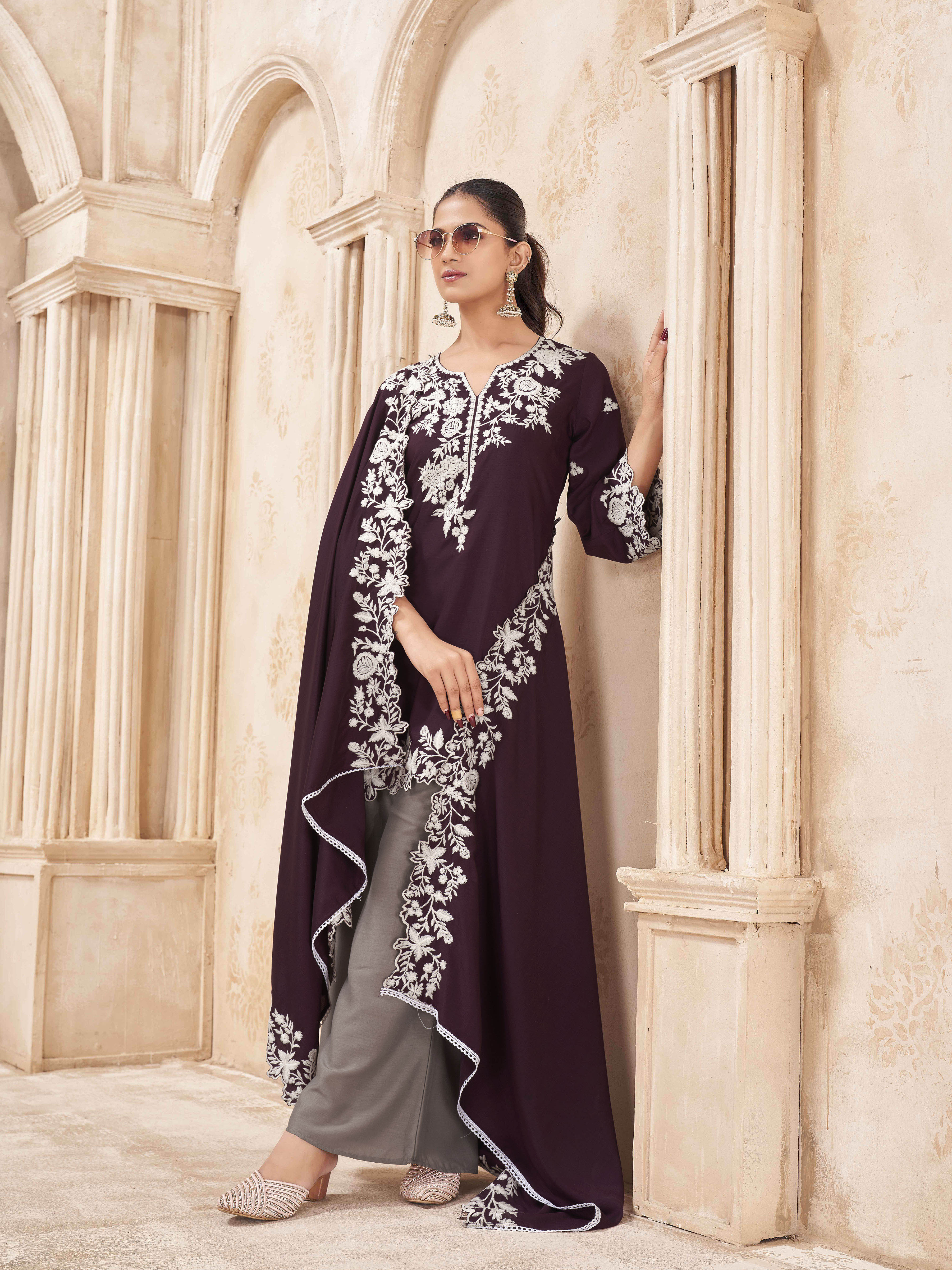 Wine color silk blend with thread work embroidered kurta & A-line bottom with dupatta set
