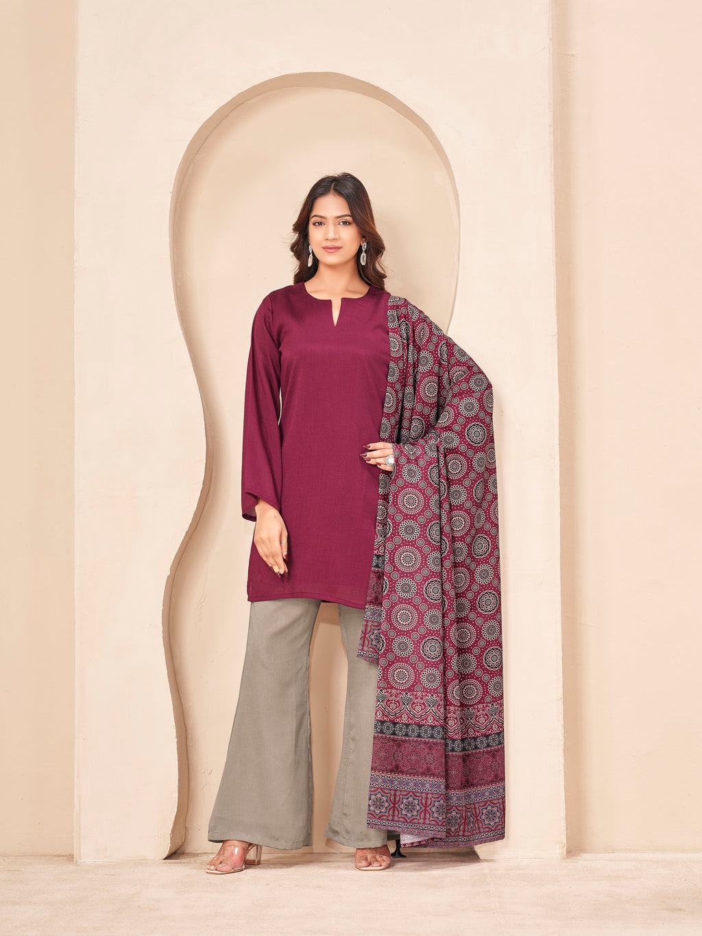 Dark Wine and Beige color silk blend solid kurta & plazzo with ajrakh printed dupatta set