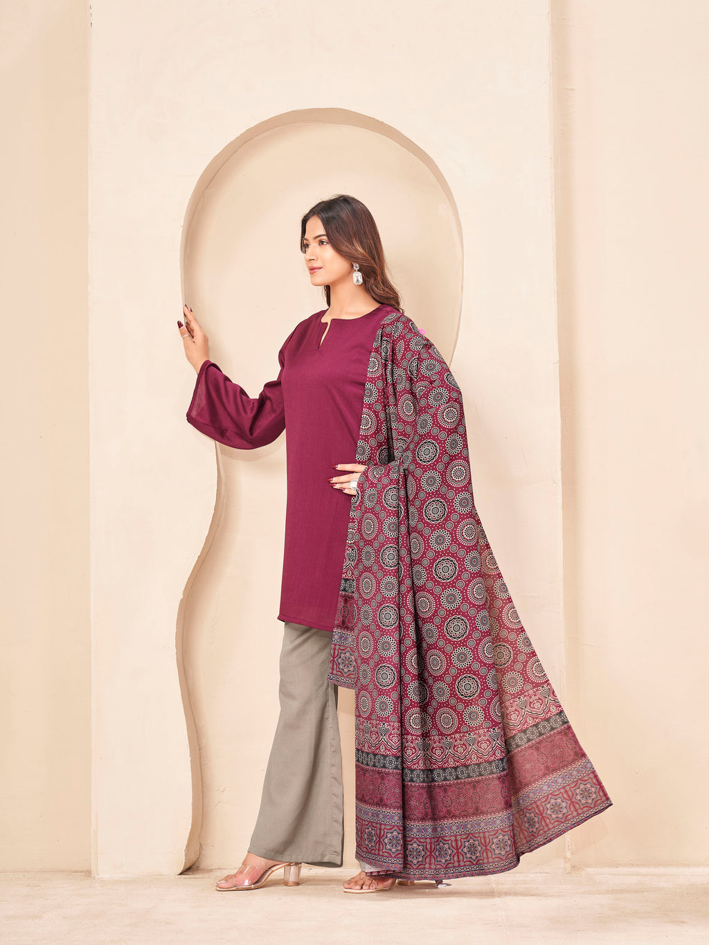 Dark Wine and Beige color silk blend solid kurta & plazzo with ajrakh printed dupatta set
