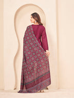 Dark Wine and Beige color silk blend solid kurta & plazzo with ajrakh printed dupatta set