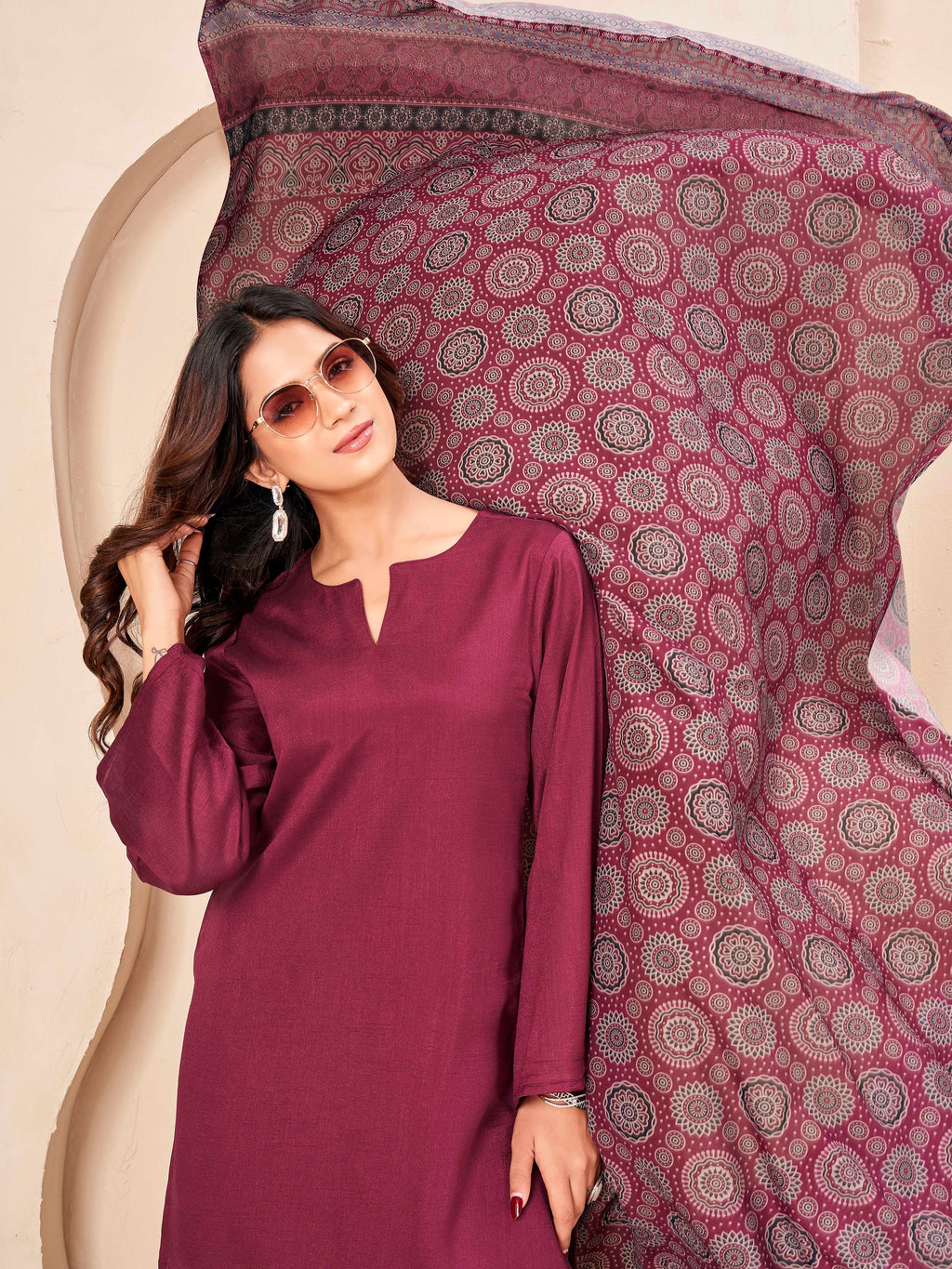Dark Wine and Beige color silk blend solid kurta & plazzo with ajrakh printed dupatta set