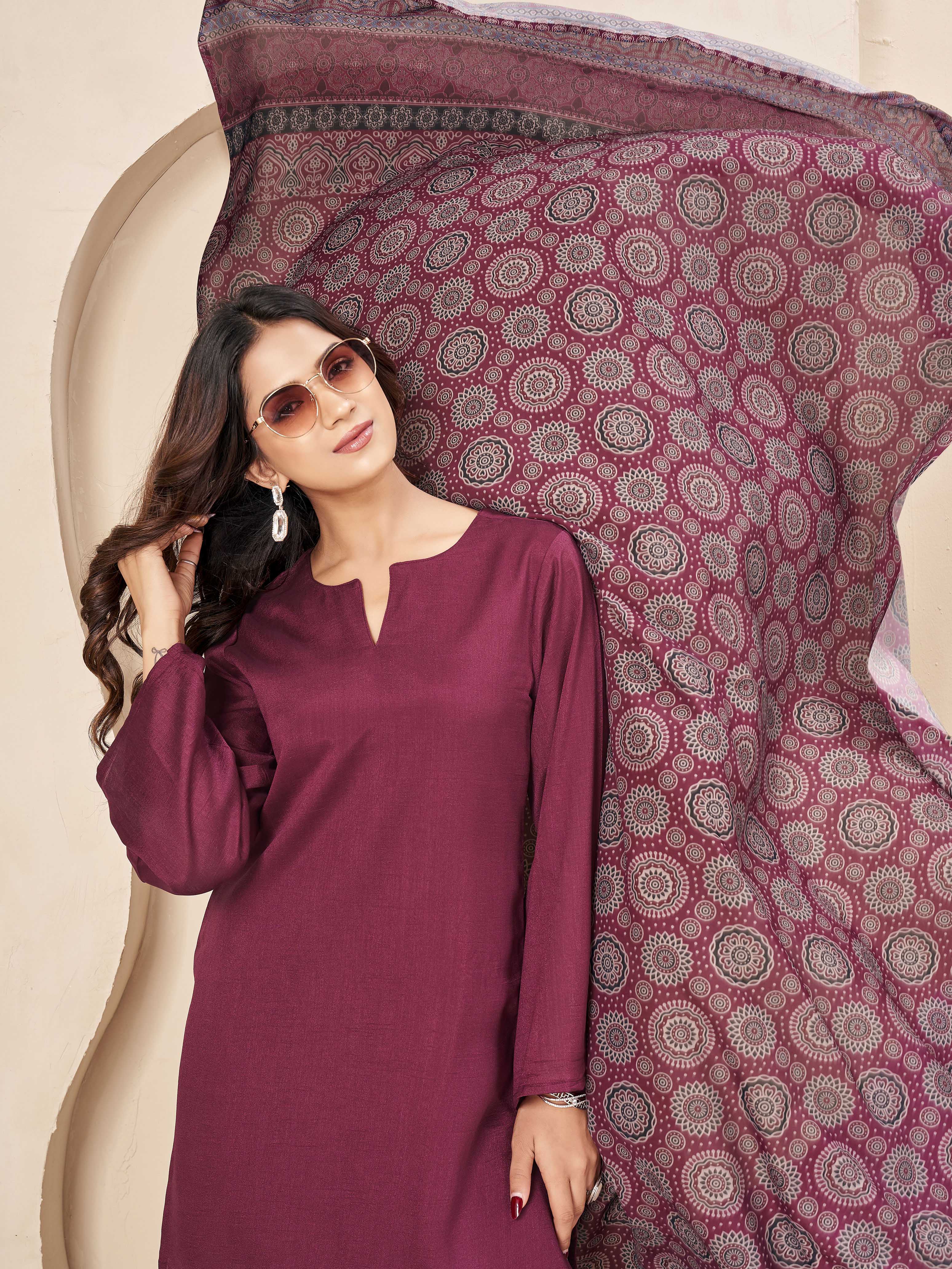 Dark Wine and Beige color silk blend solid kurta & plazzo with ajrakh printed dupatta set