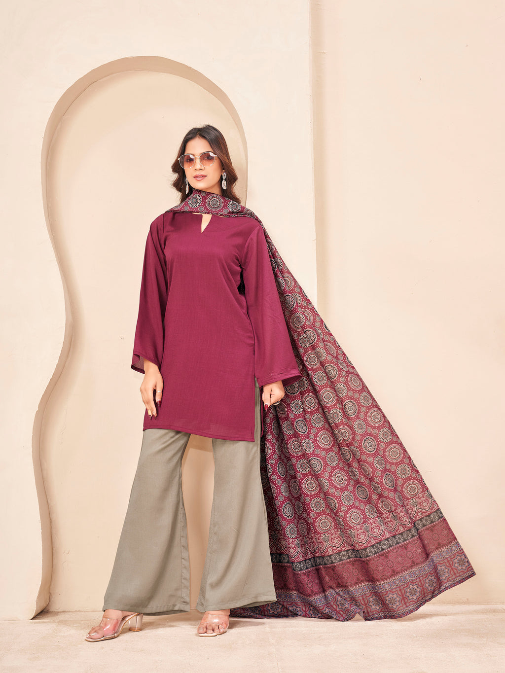 Dark Wine and Beige color silk blend solid kurta & plazzo with ajrakh printed dupatta set