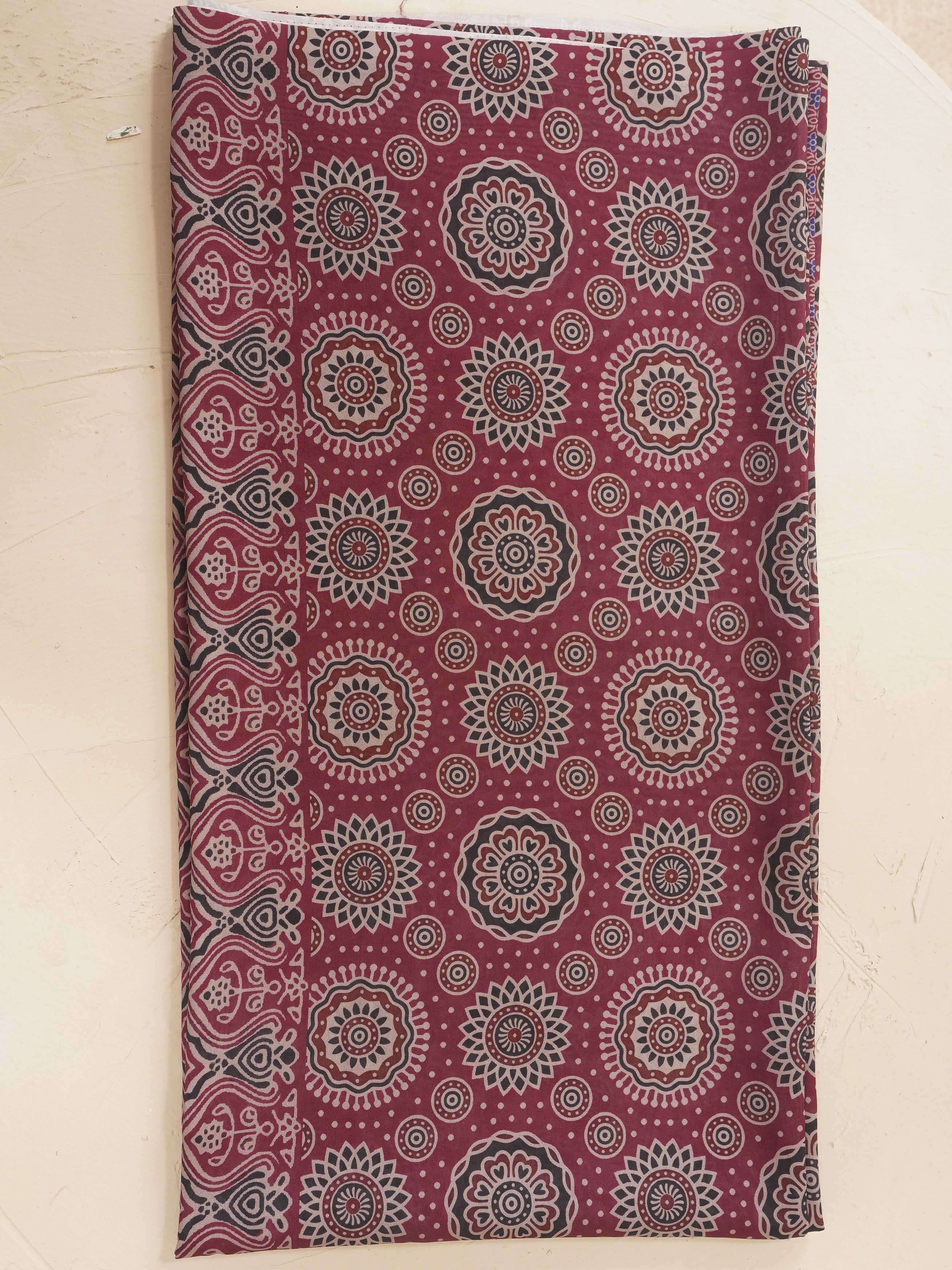 Dark Wine and Beige color silk blend solid kurta & plazzo with ajrakh printed dupatta set