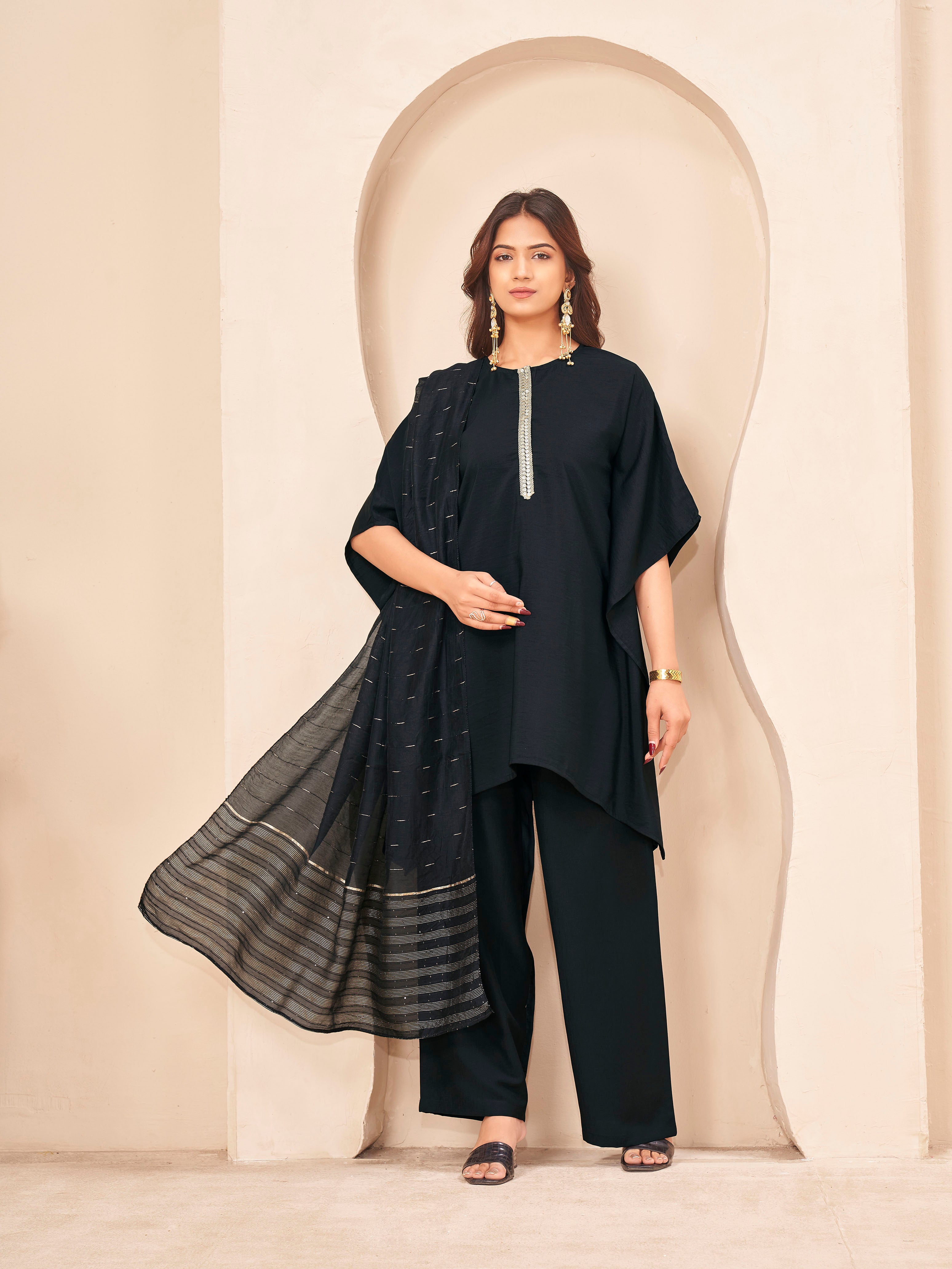Black color silk blend with placket trim solid kaftan style kurta & plazzo with brocade dupatta set