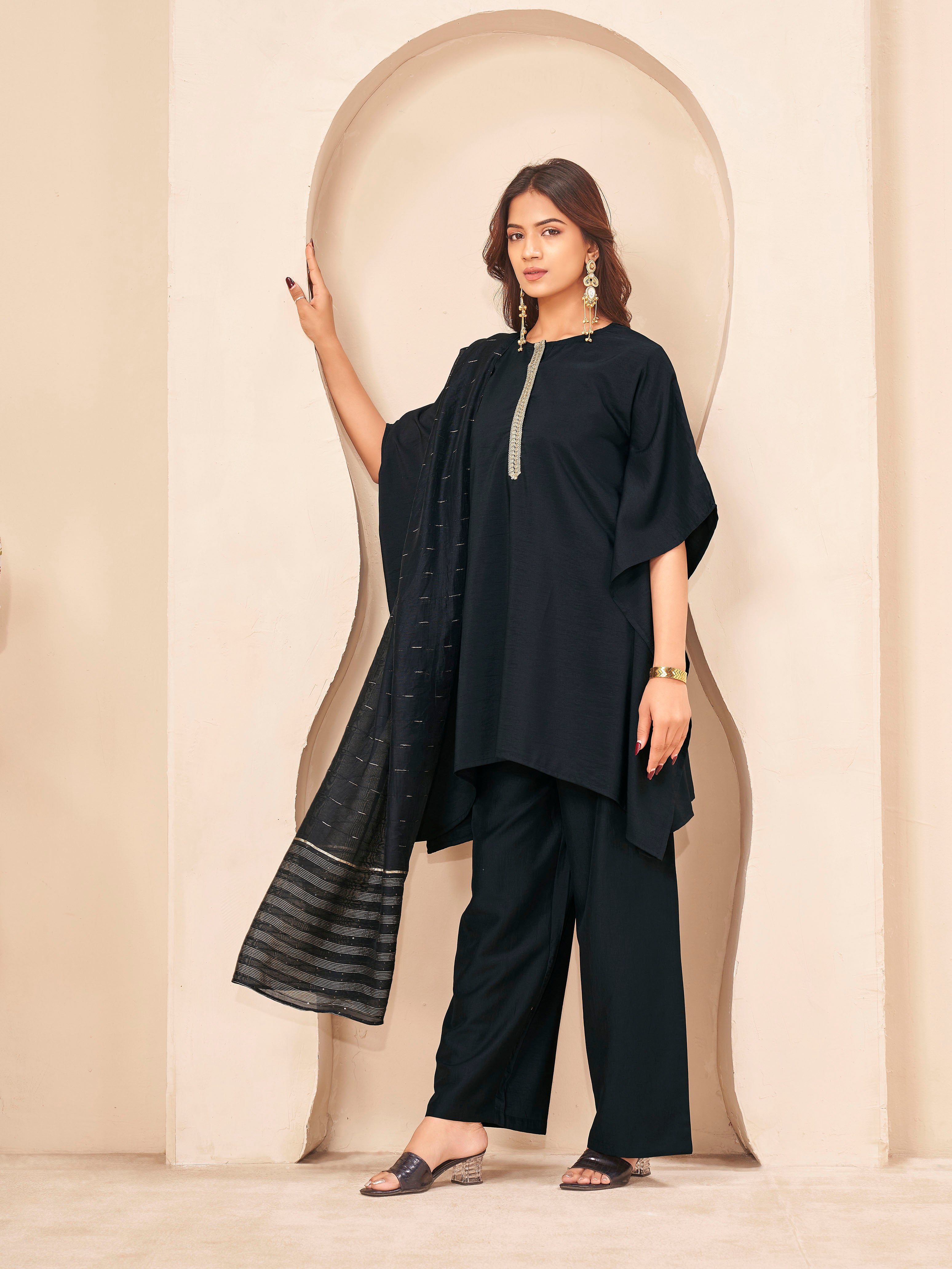 Black color silk blend with placket trim solid kaftan style kurta & plazzo with brocade dupatta set