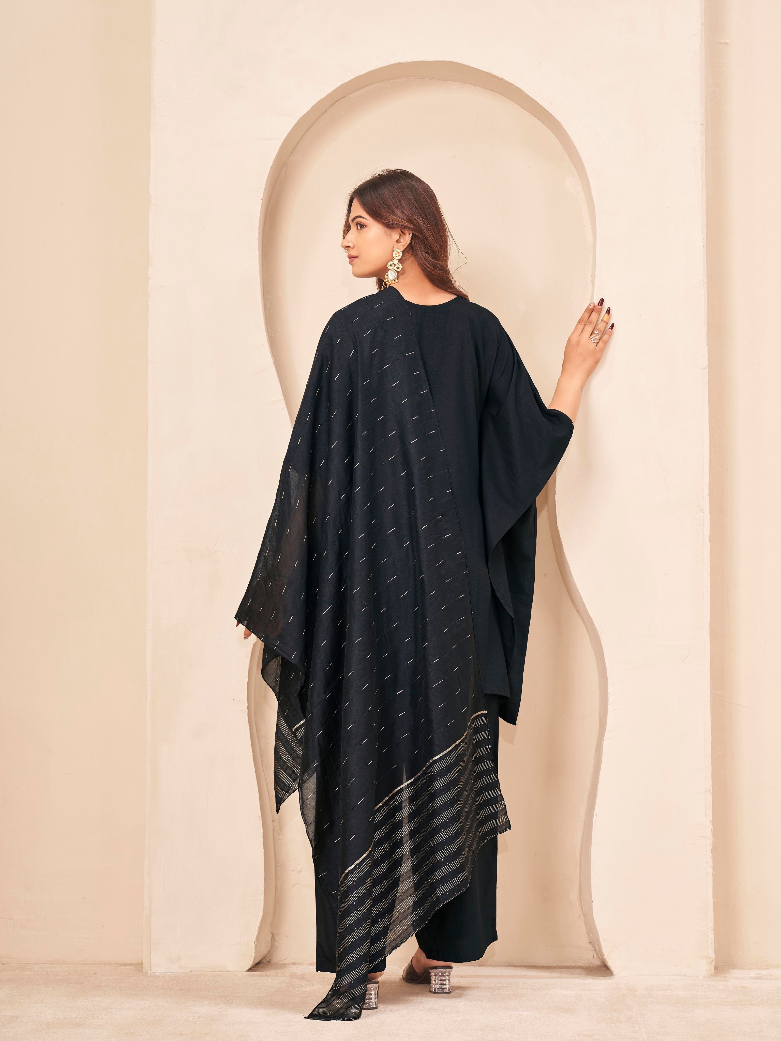 Black color silk blend with placket trim solid kaftan style kurta & plazzo with brocade dupatta set