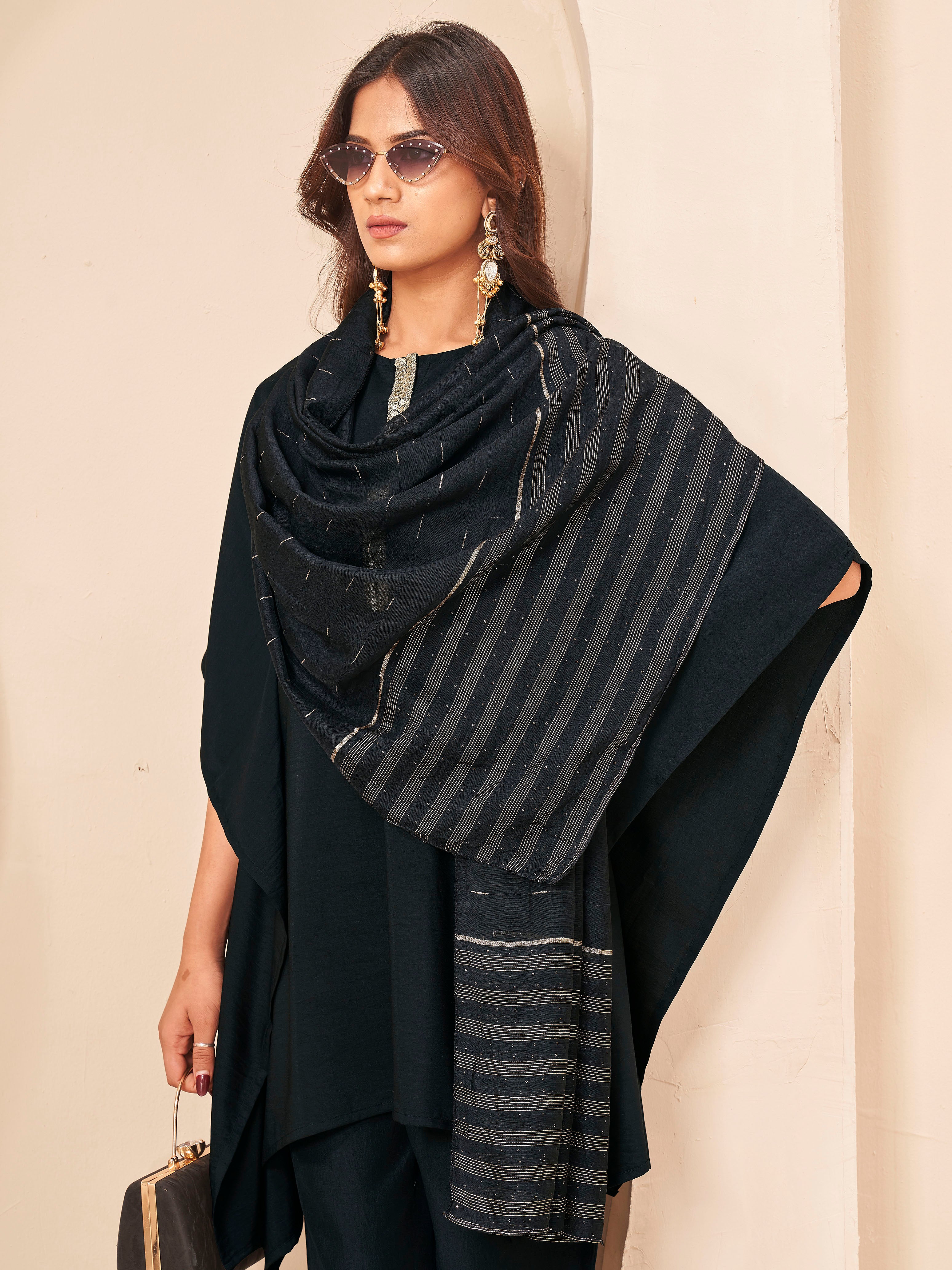 Black color silk blend with placket trim solid kaftan style kurta & plazzo with brocade dupatta set