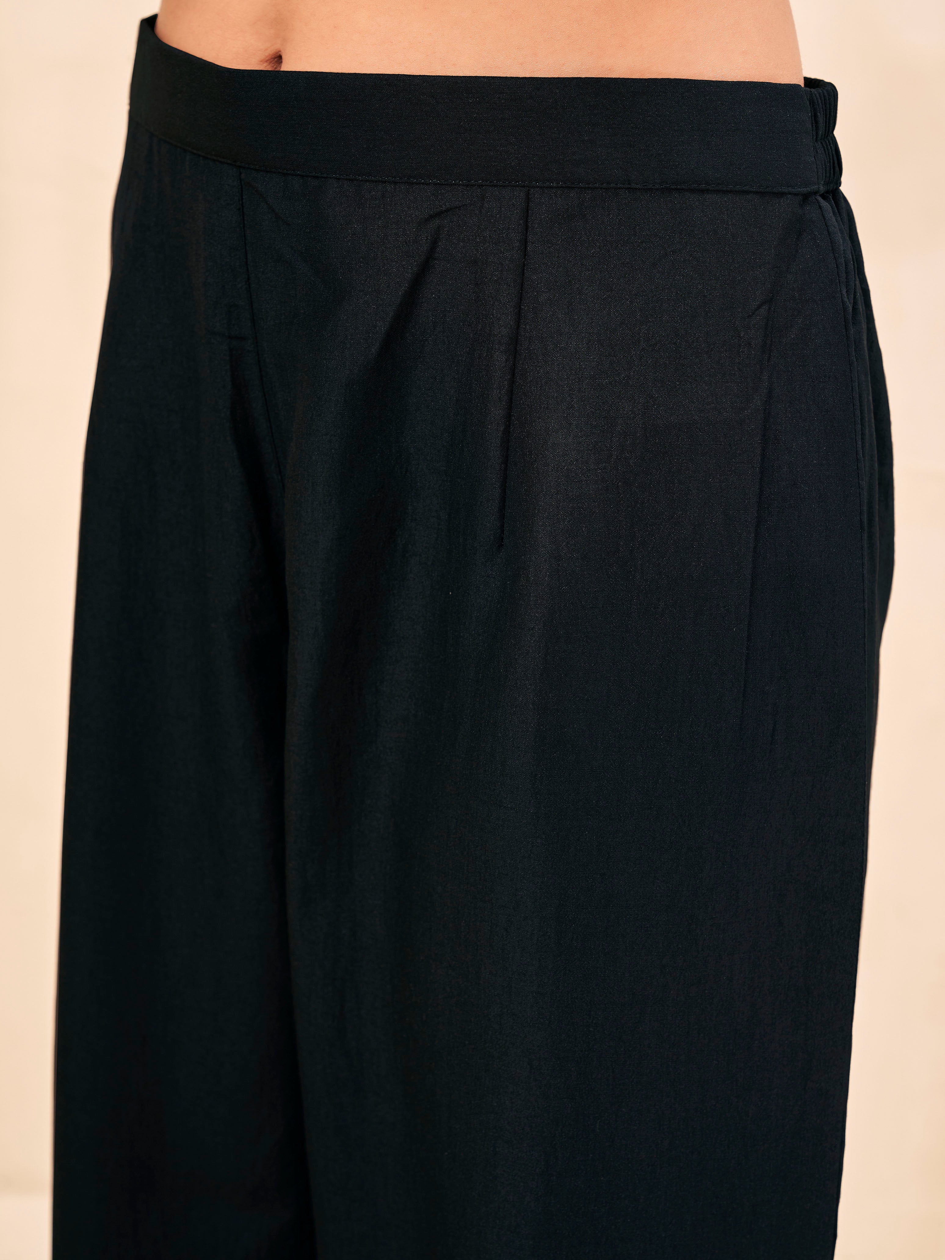 Black color silk blend with placket trim solid kaftan style kurta & plazzo with brocade dupatta set