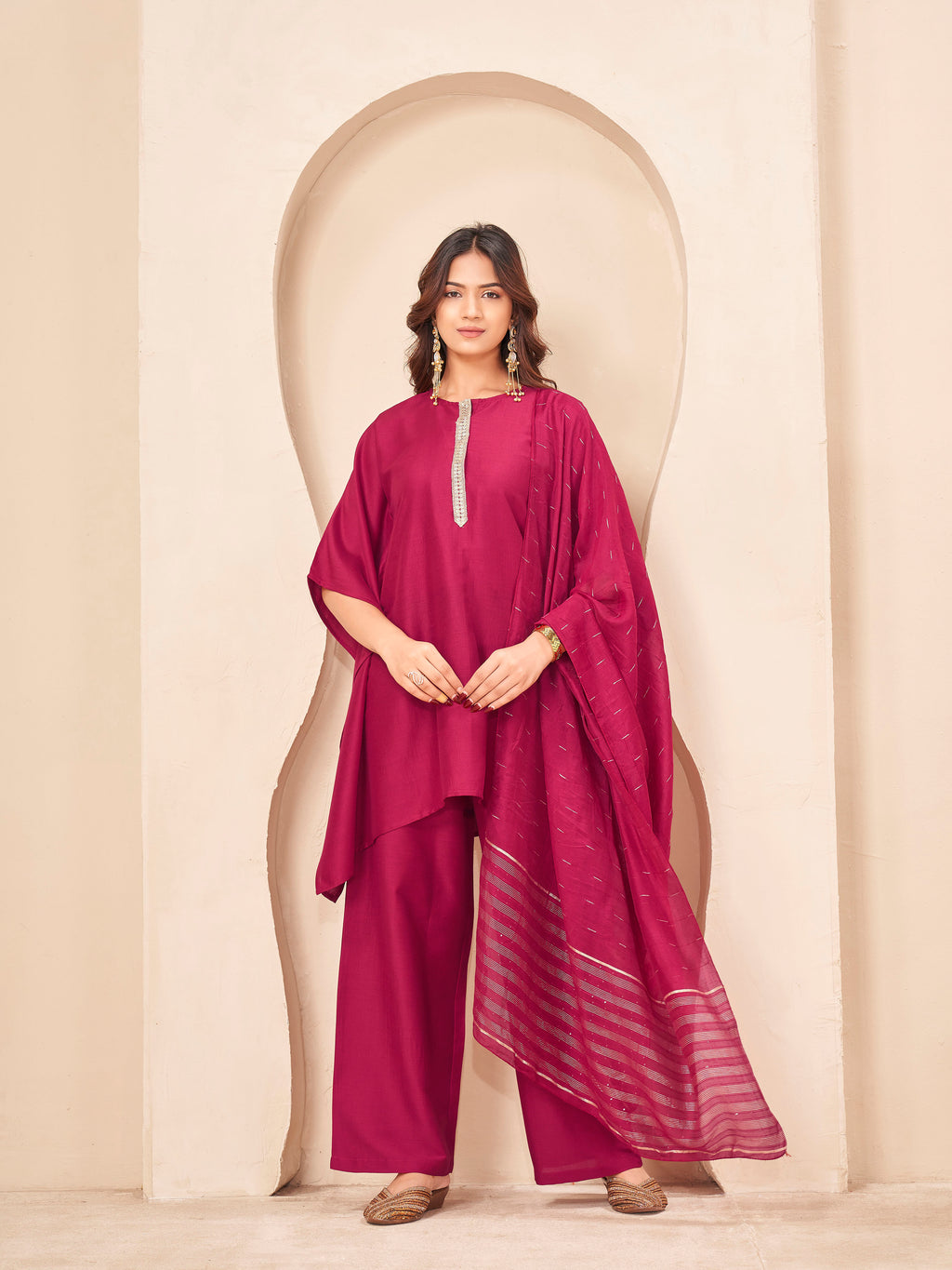 Maroon color silk blend with placket trim solid kaftan style kurta & plazzo with brocade dupatta set