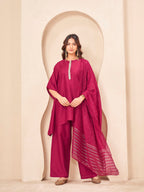 Maroon color silk blend with placket trim solid kaftan style kurta & plazzo with brocade dupatta set