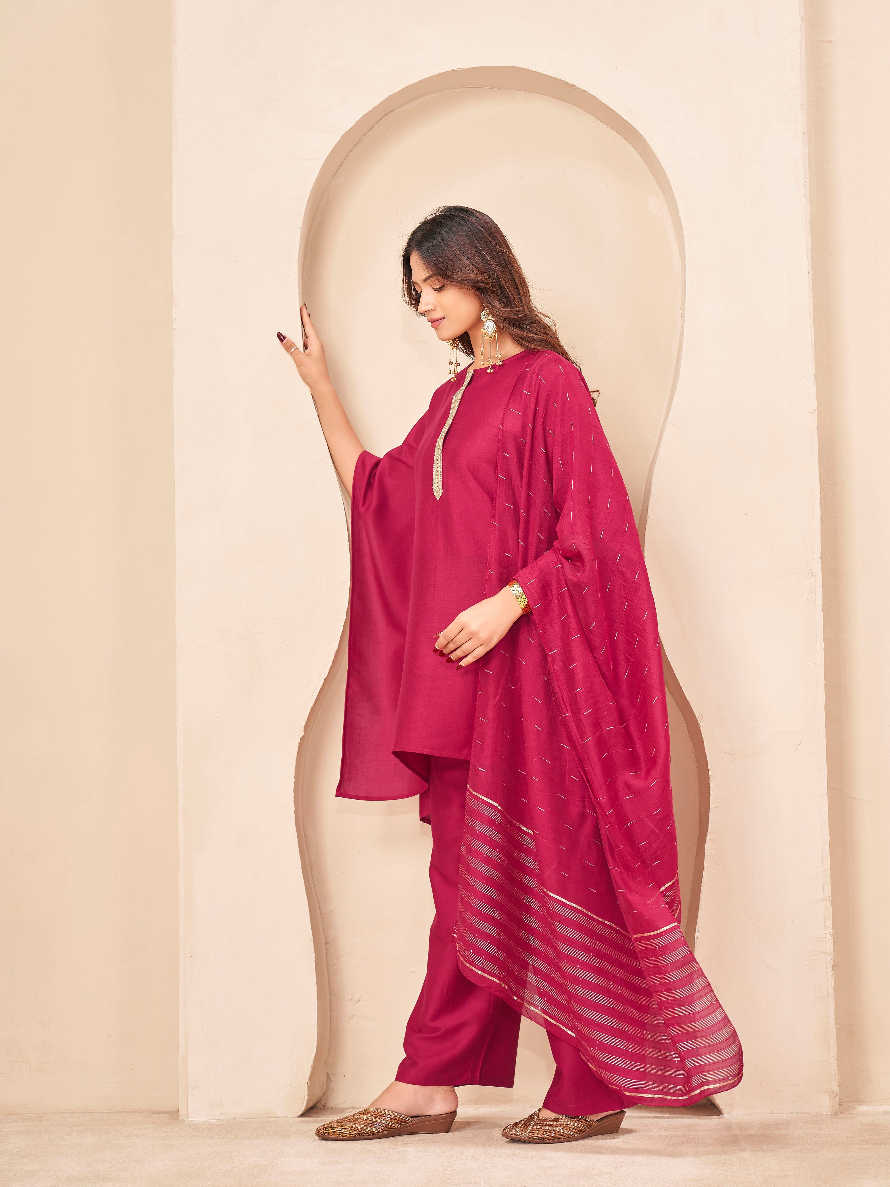 Maroon color silk blend with placket trim solid kaftan style kurta & plazzo with brocade dupatta set