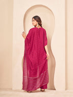 Maroon color silk blend with placket trim solid kaftan style kurta & plazzo with brocade dupatta set