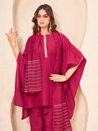 Maroon color silk blend with placket trim solid kaftan style kurta & plazzo with brocade dupatta set