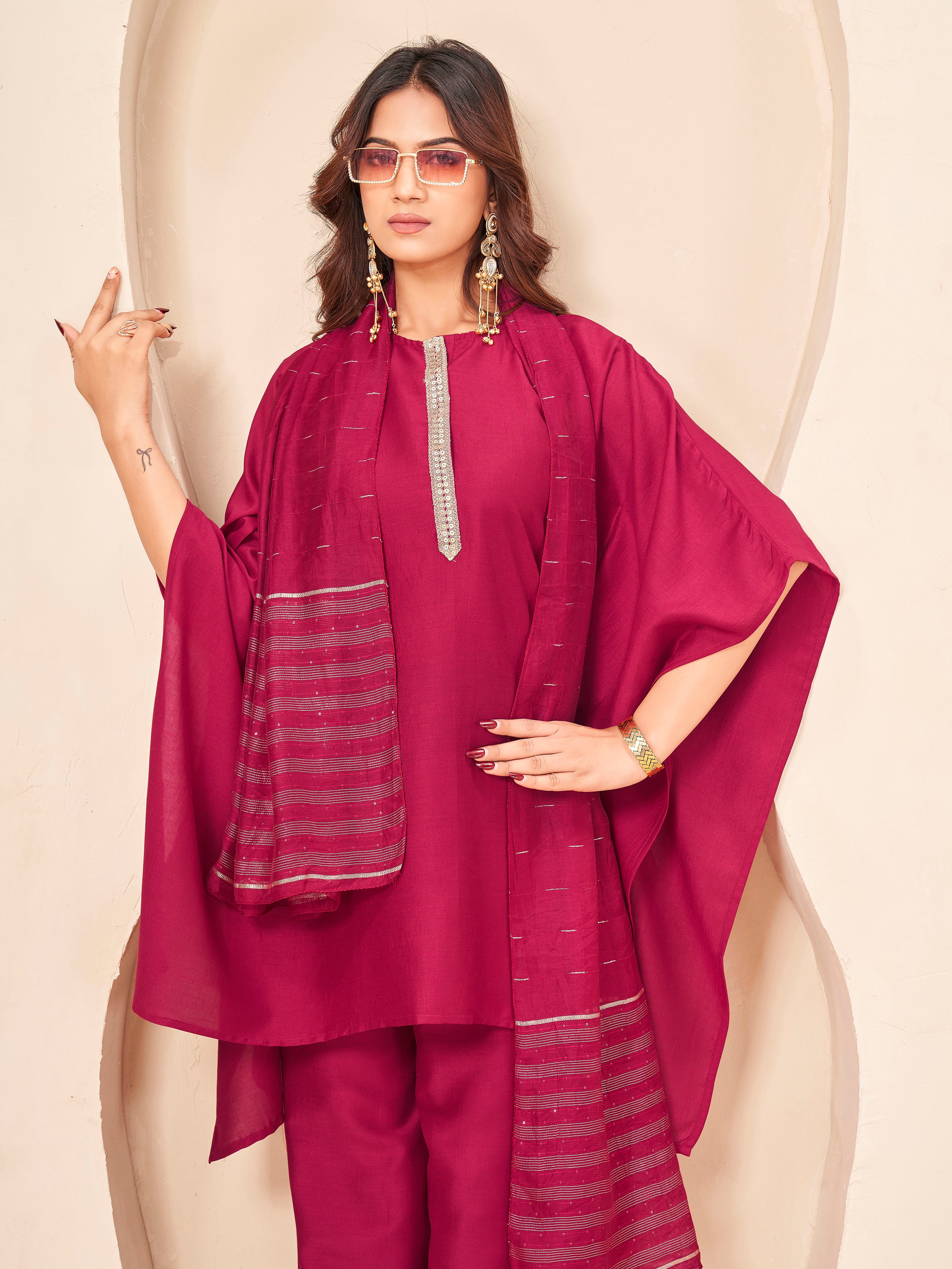 Maroon color silk blend with placket trim solid kaftan style kurta & plazzo with brocade dupatta set