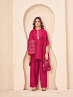 Maroon color silk blend with placket trim solid kaftan style kurta & plazzo with brocade dupatta set