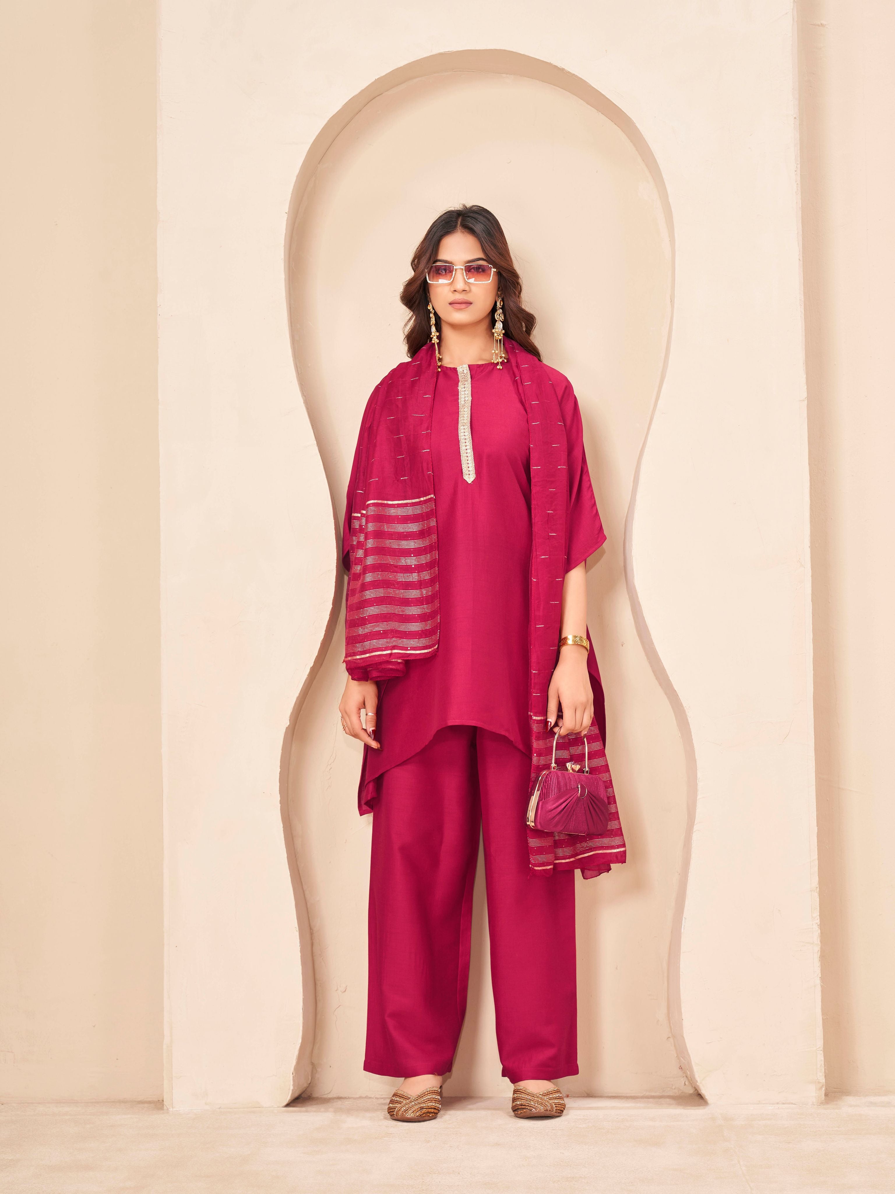 Maroon color silk blend with placket trim solid kaftan style kurta & plazzo with brocade dupatta set
