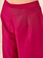 Maroon color silk blend with placket trim solid kaftan style kurta & plazzo with brocade dupatta set