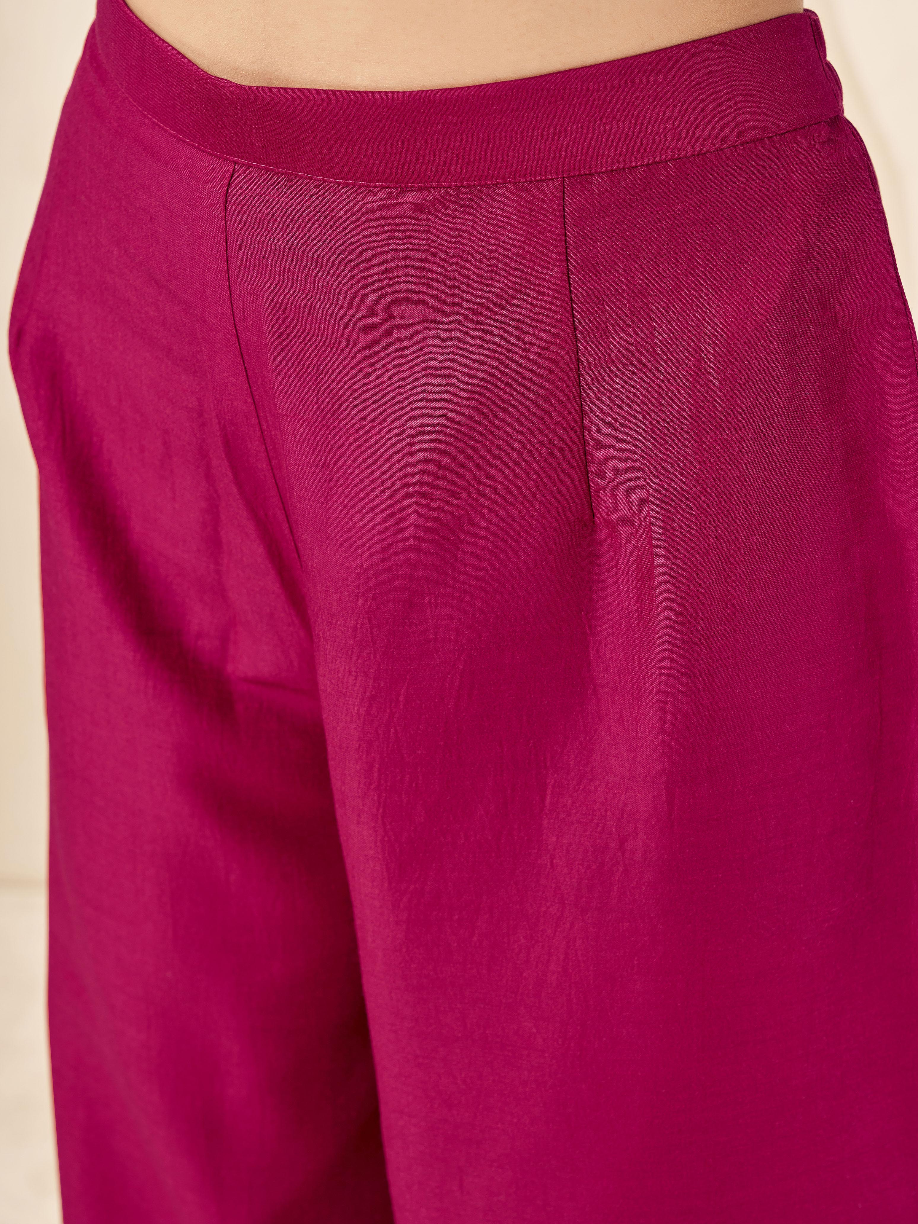 Maroon color silk blend with placket trim solid kaftan style kurta & plazzo with brocade dupatta set