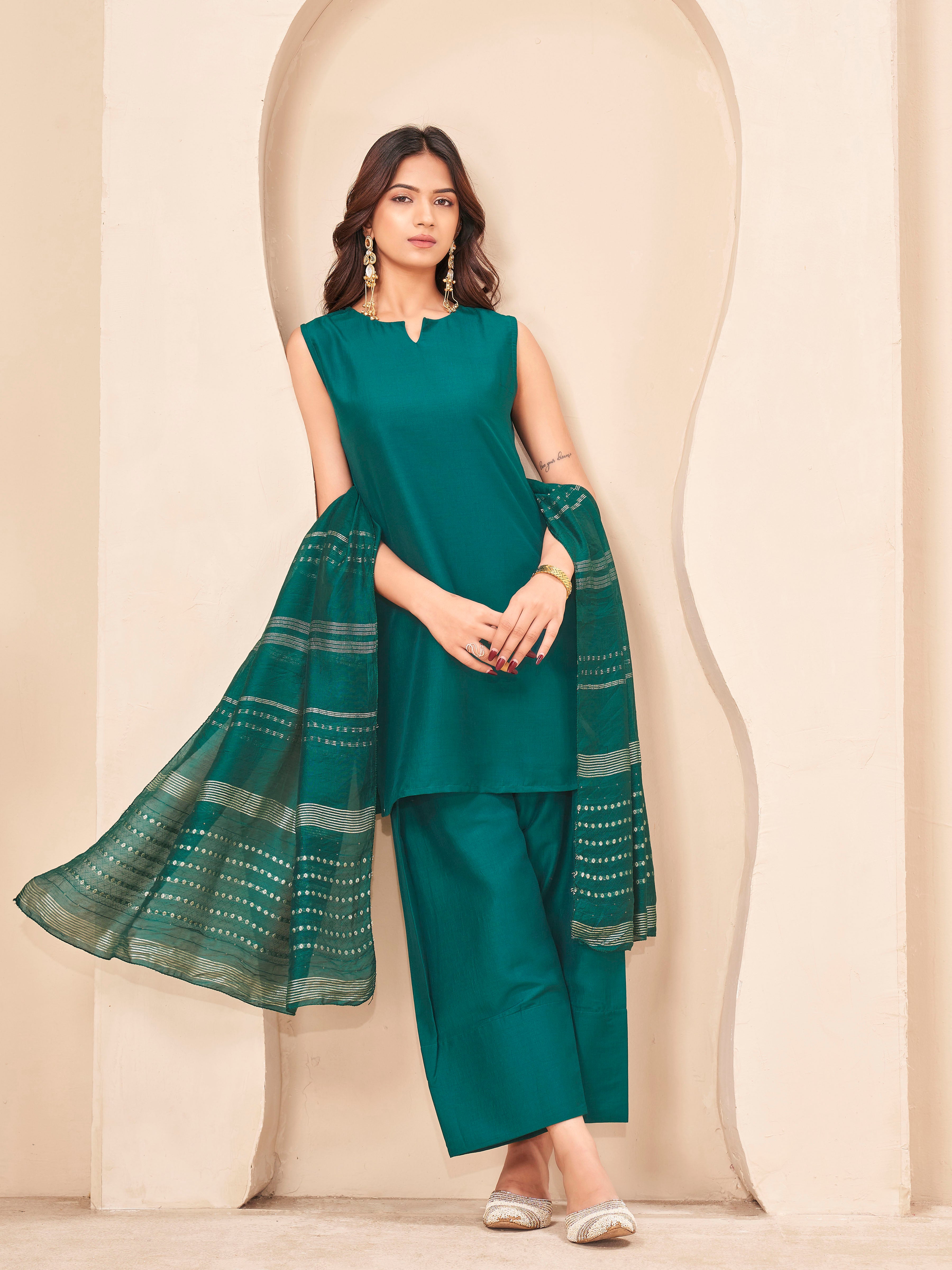 Green color silk blend with solid kurta & farsi salwar with brocade dupatta set