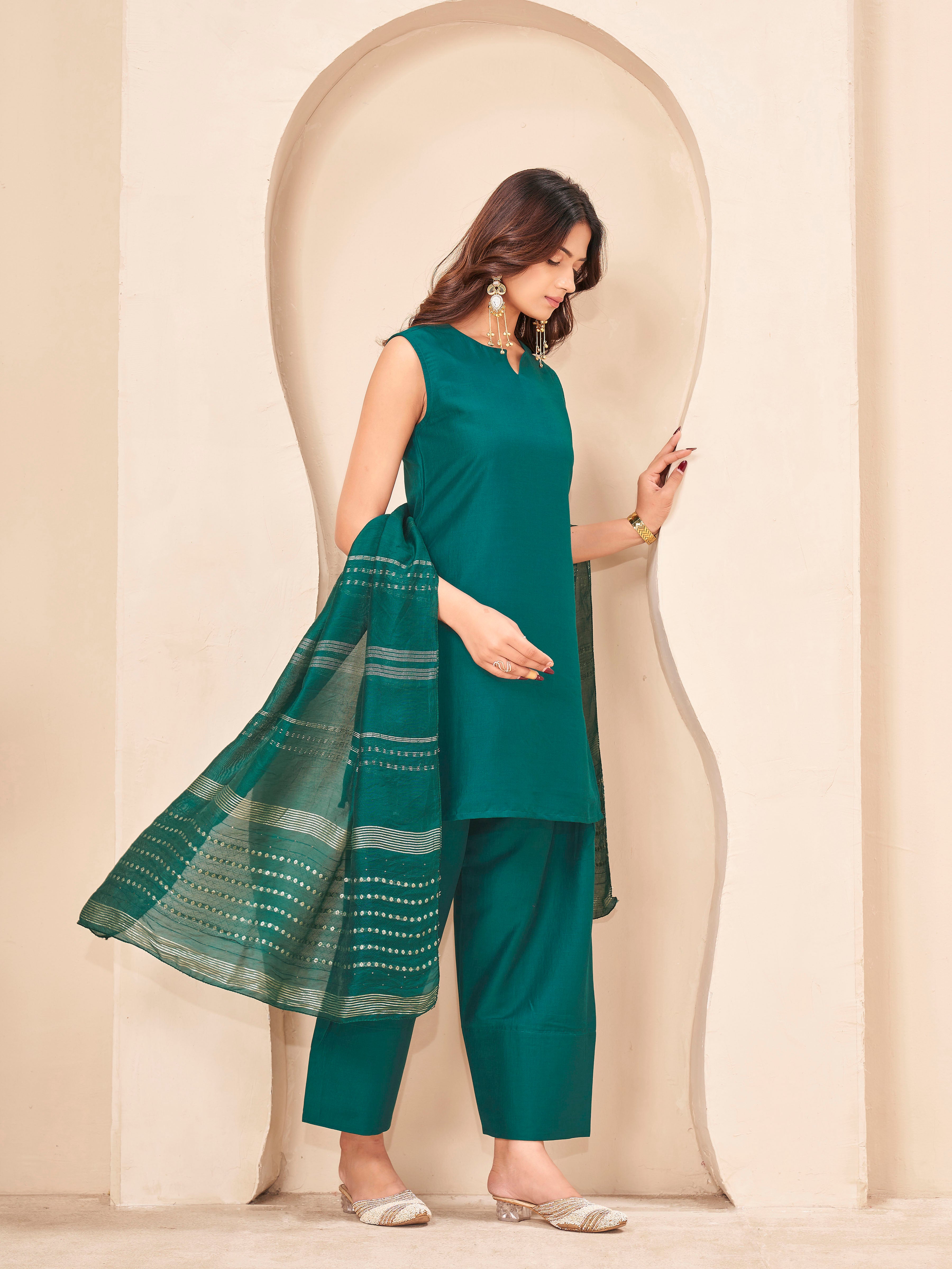 Green color silk blend with solid kurta & farsi salwar with brocade dupatta set