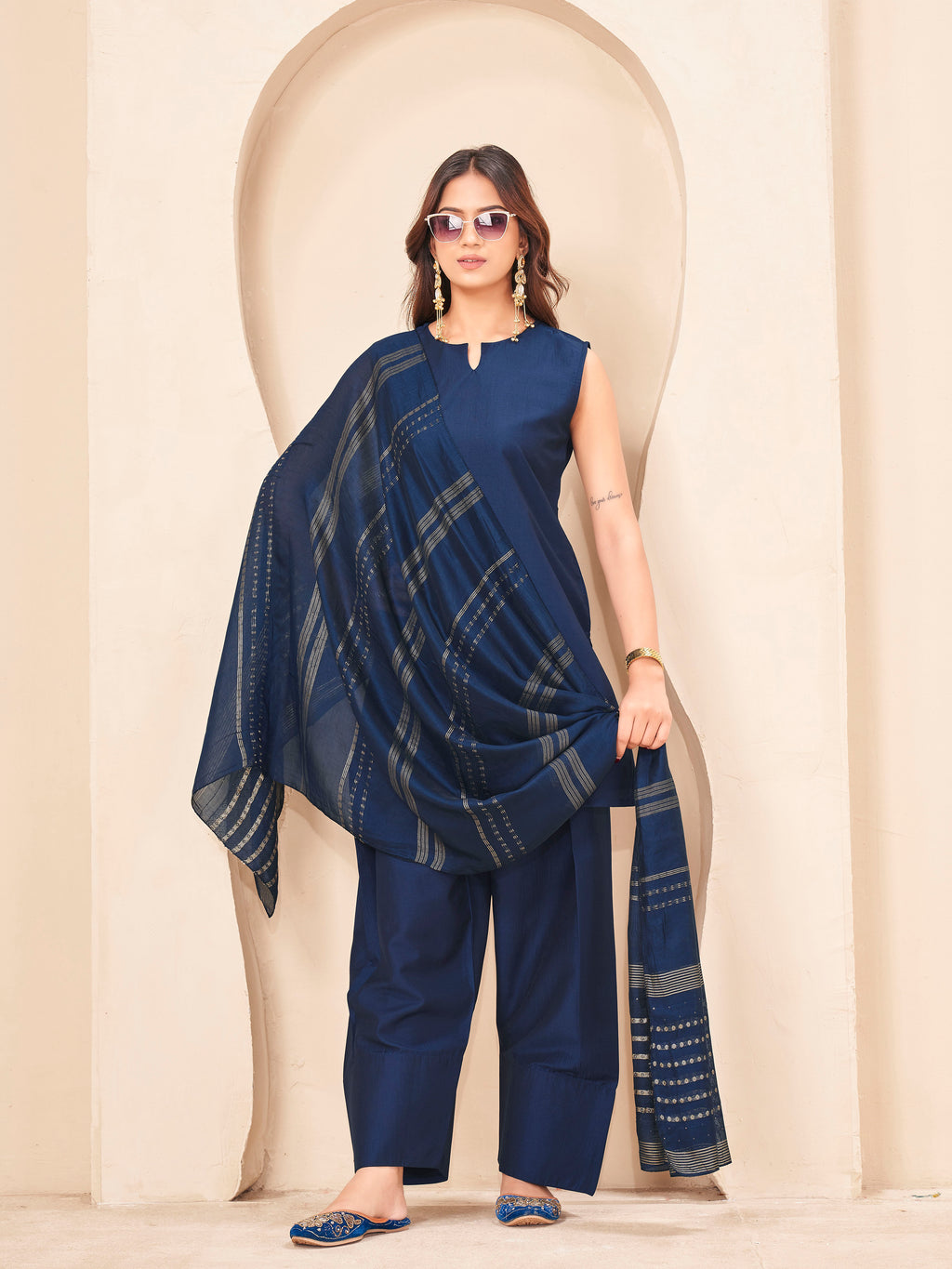 Navy blue color silk blendwith solid kurta & farsi salwar with brocade dupatta set