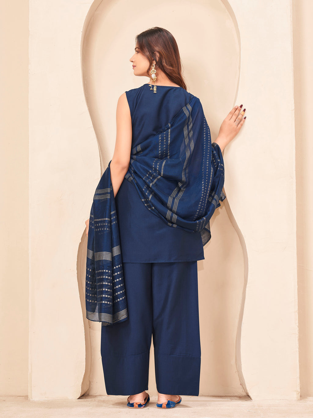 Navy blue color silk blendwith solid kurta & farsi salwar with brocade dupatta set