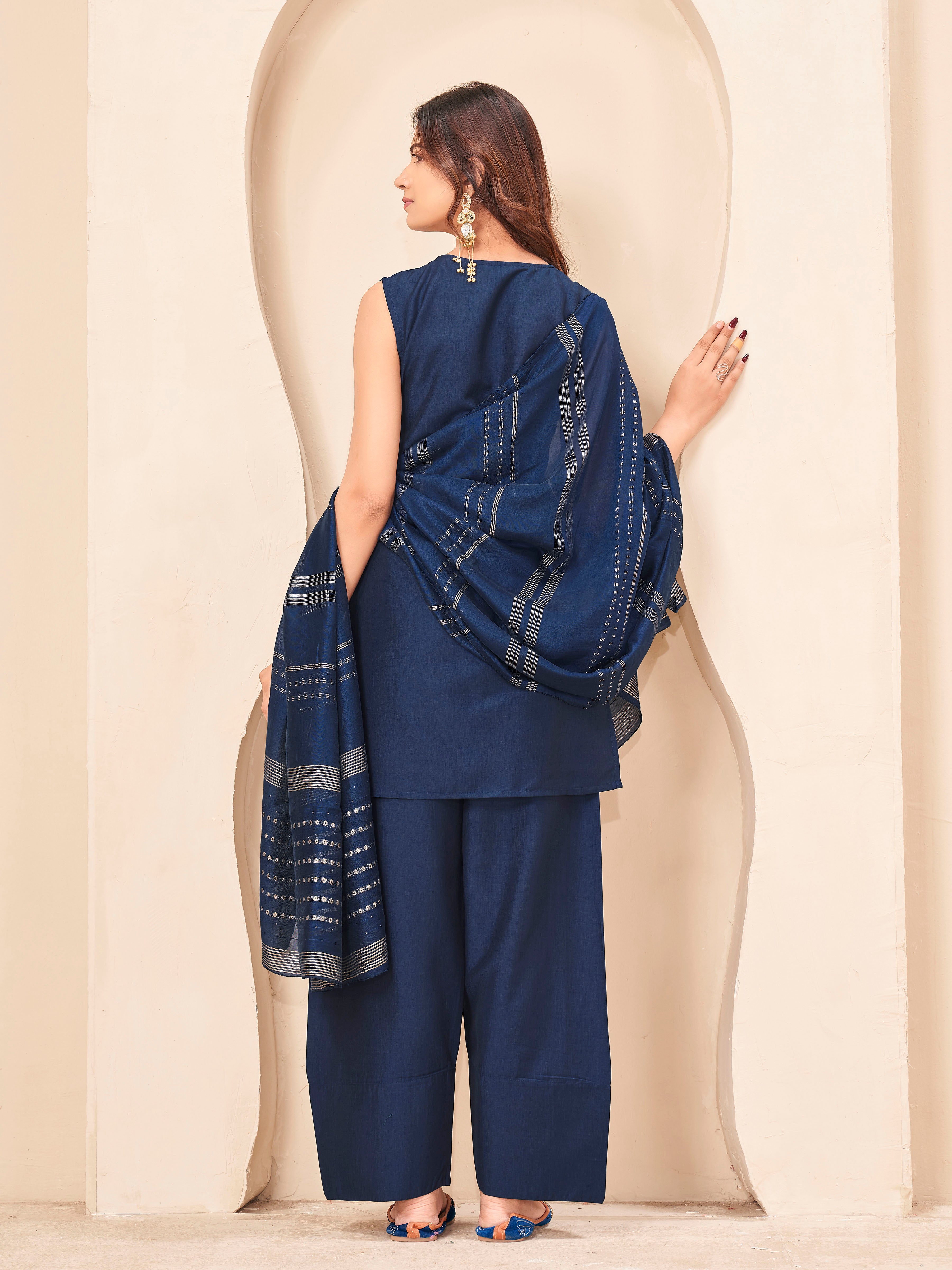 Navy blue color silk blendwith solid kurta & farsi salwar with brocade dupatta set