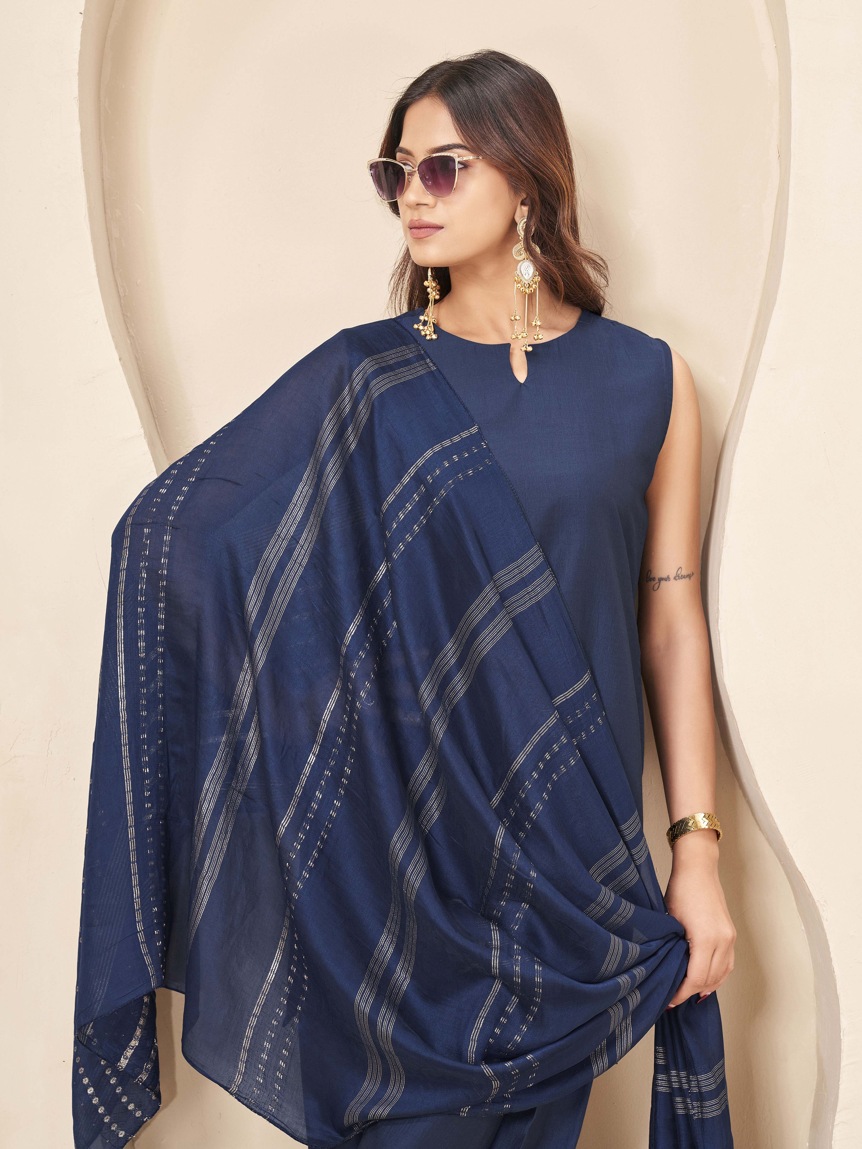 Navy blue color silk blendwith solid kurta & farsi salwar with brocade dupatta set