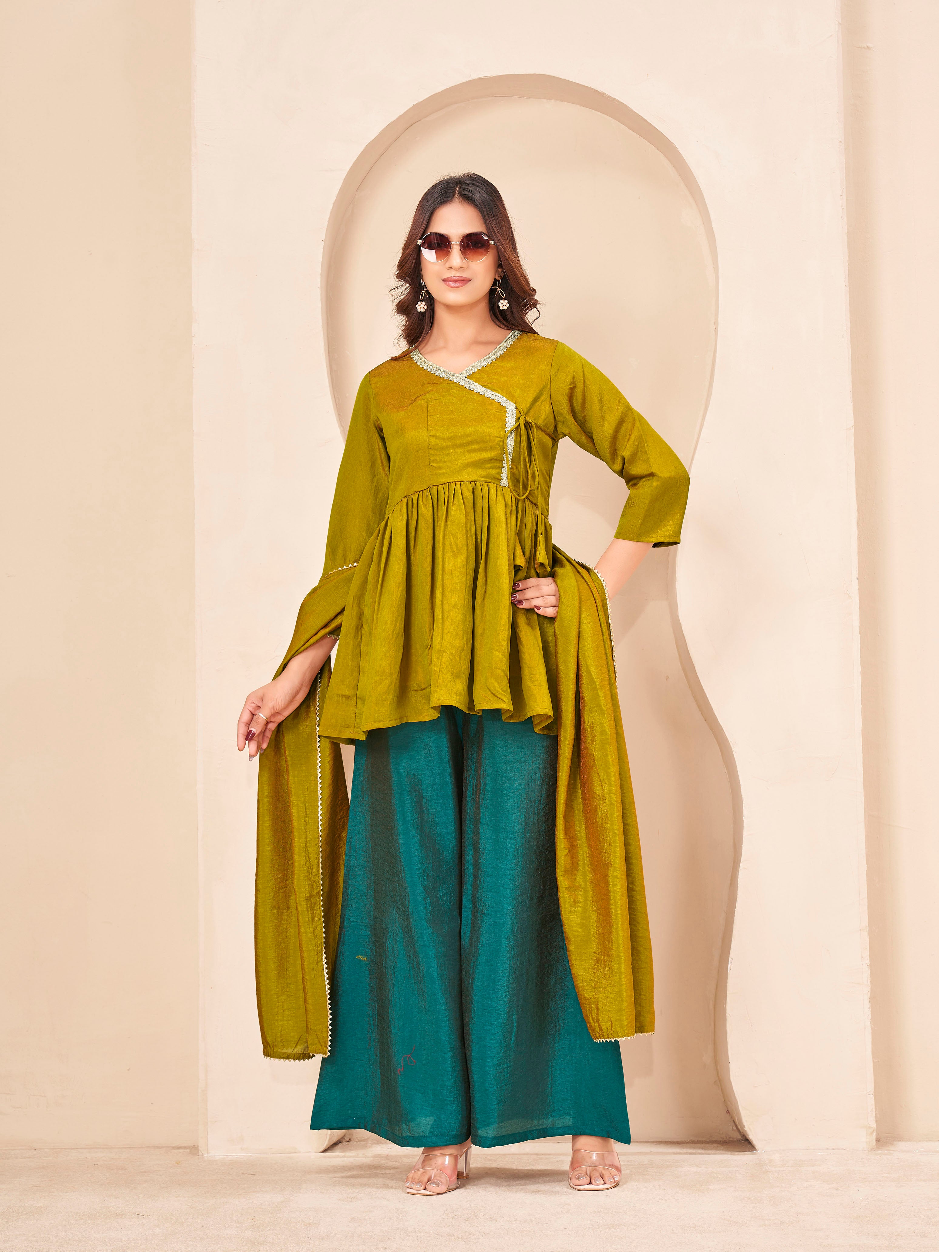 Mustard & Teal color silk blend angrkha style kurta & A-line plazzo with dupatta set