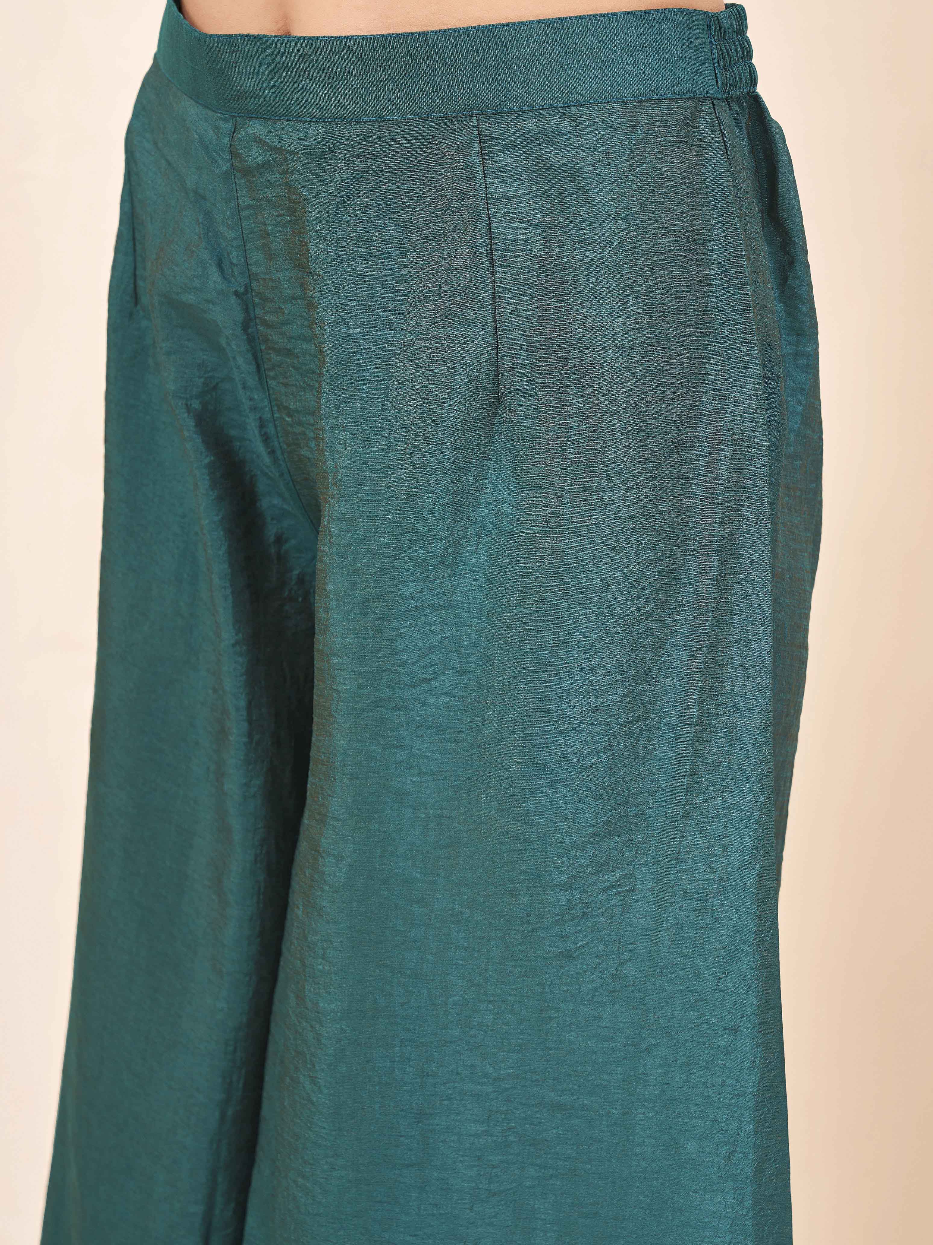 Mustard & Teal color silk blend angrkha style kurta & A-line plazzo with dupatta set