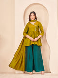 Mustard & Teal color silk blend angrkha style kurta & A-line plazzo with dupatta set