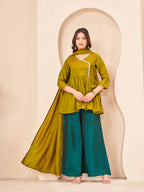 Mustard & Teal color silk blend angrkha style kurta & A-line plazzo with dupatta set