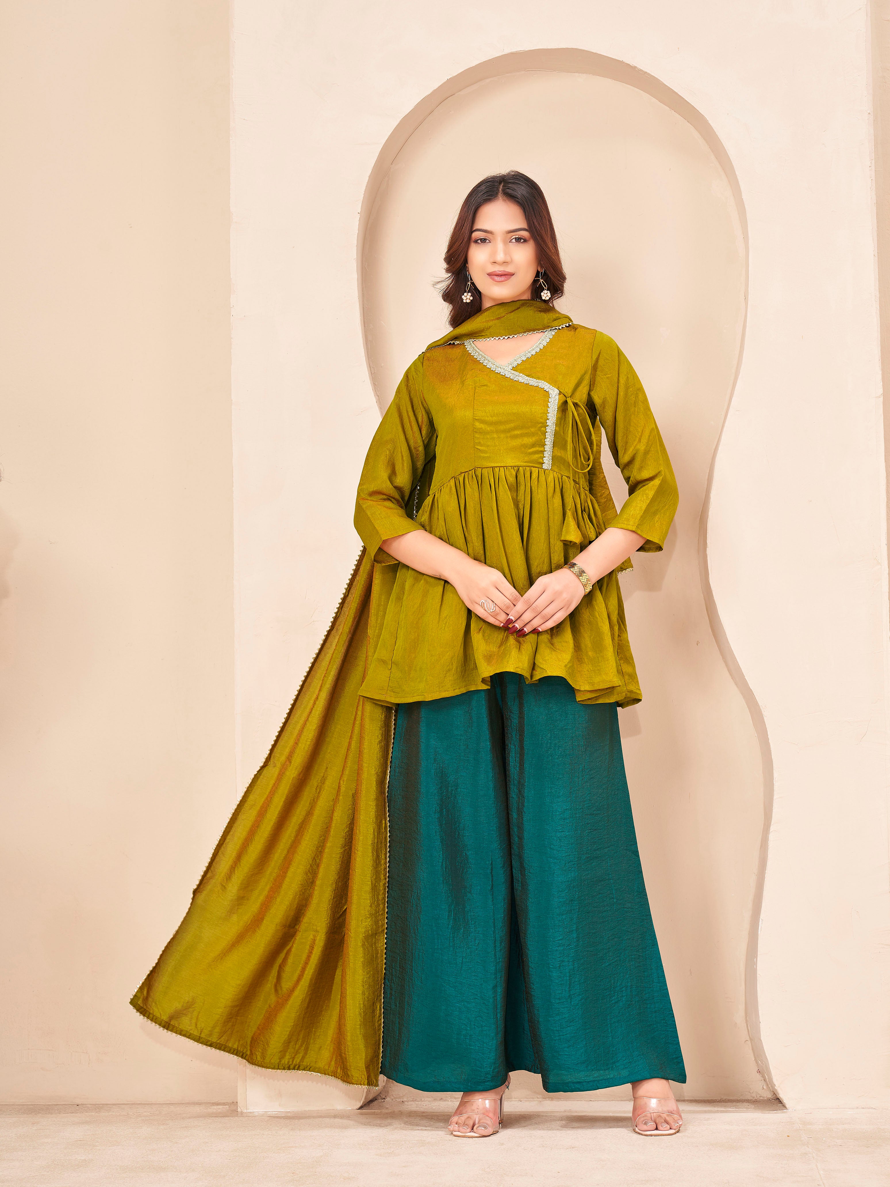 Mustard & Teal color silk blend angrkha style kurta & A-line plazzo with dupatta set