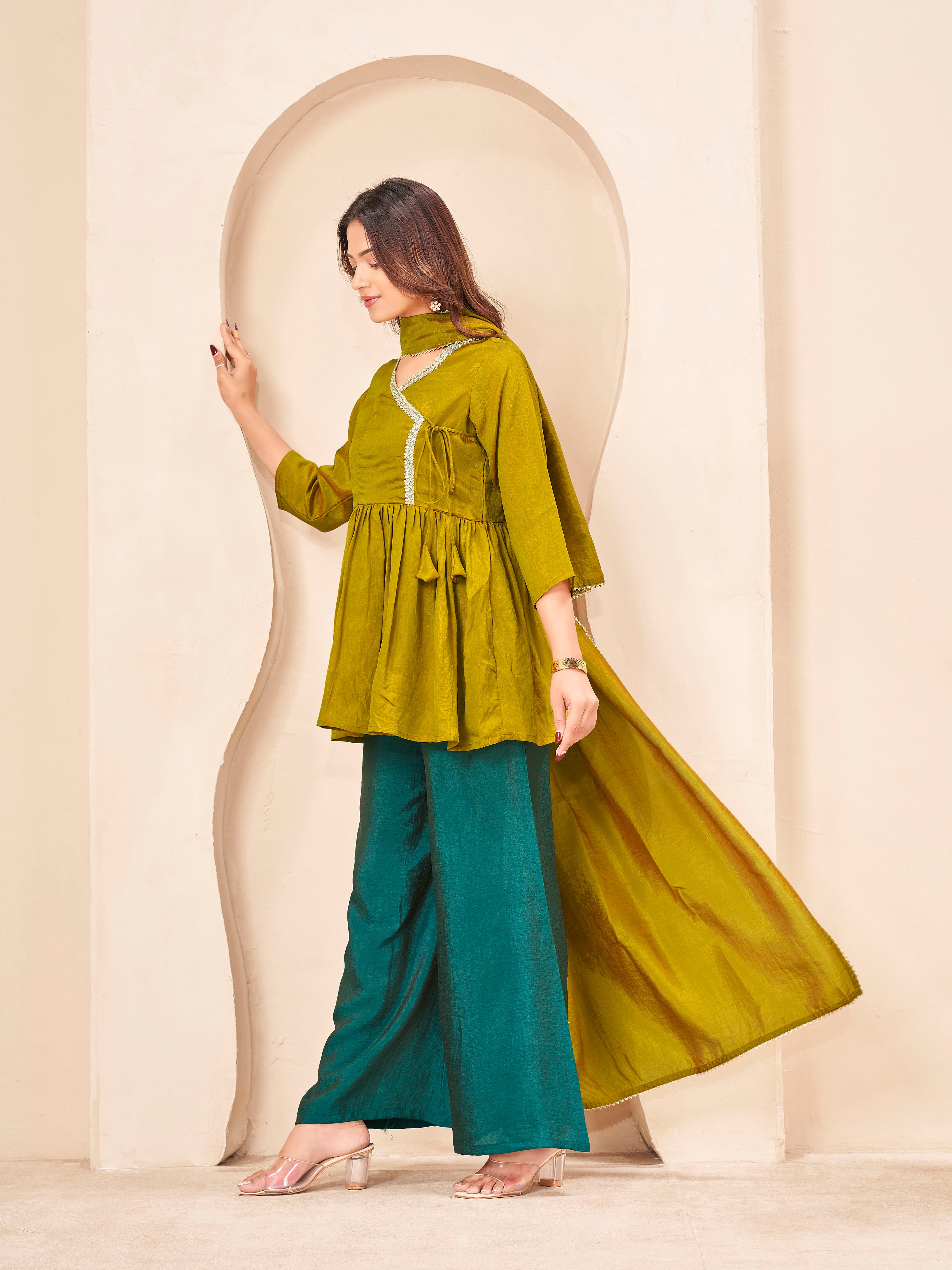 Mustard & Teal color silk blend angrkha style kurta & A-line plazzo with dupatta set