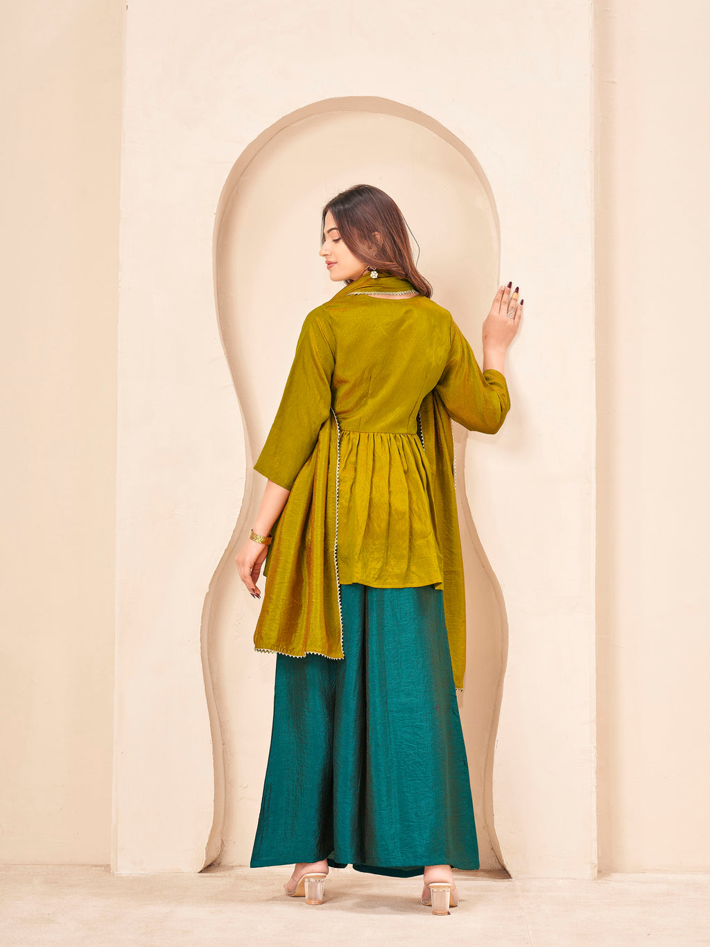 Mustard & Teal color silk blend angrkha style kurta & A-line plazzo with dupatta set