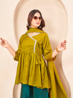 Mustard & Teal color silk blend angrkha style kurta & A-line plazzo with dupatta set