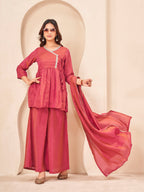 Dark peach color silk blend angrkha style kurta & A-line plazzo with dupatta set